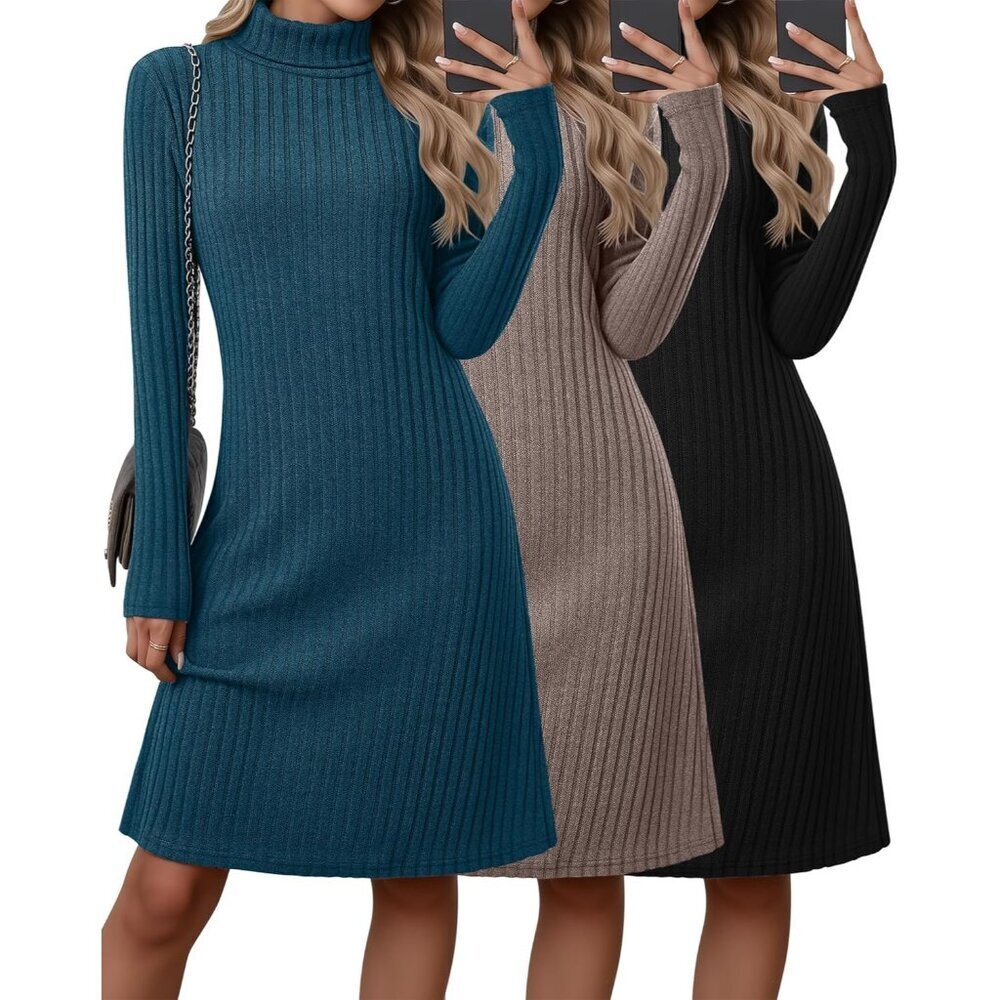 Women's Turtleneck Sweater Dress Long Sleeve Ribbed Knit Casual Fall Winter